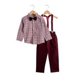 NWT Handsome Boys Dress Shirt, Bow Tie, Pants & Suspenders Set Burgundy 18-24M